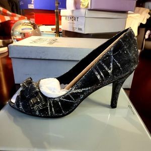 VANELI DE NOTTA PIMBA BLACK W SILVER OPEN TOE MED HEELS NEW SIZE 8